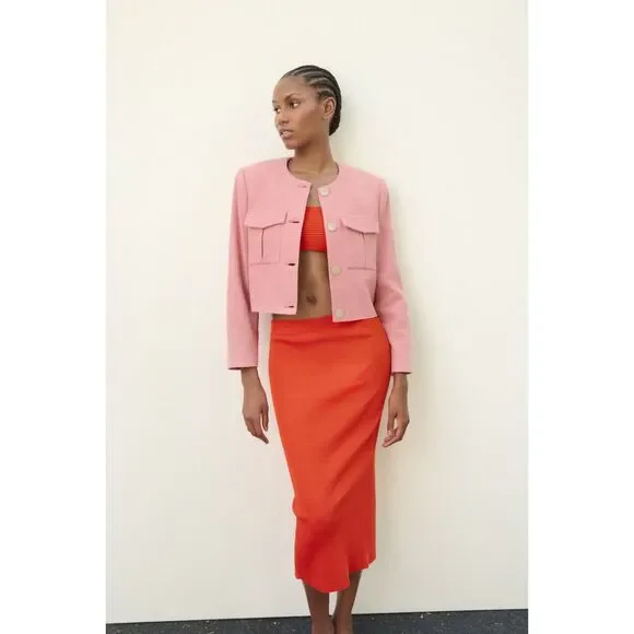 Pink Zara Textured Weave Button Front Cropped Long Sleeve Jacket (NWT) - Picture 5 of 7